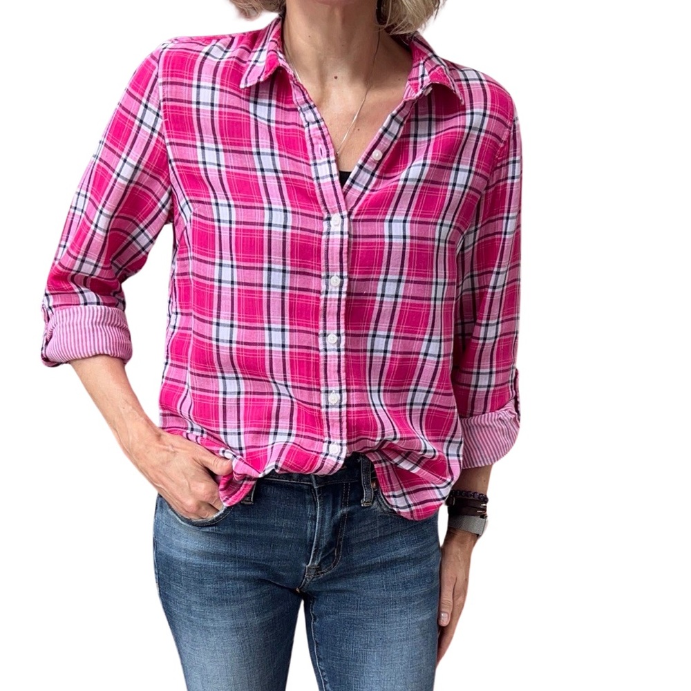 Women’s Tommy Hilfiger Pink Plaid Cotton Tab Sleeve Shirt-Size Medium